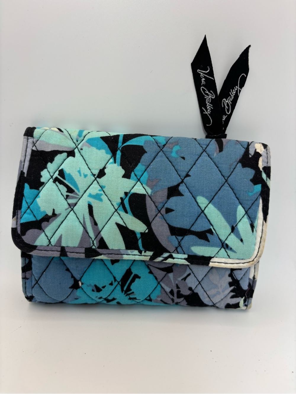 Vera Bradley Quilted Floral Fold-Over Wallet in Blue and Aqua - Picture 1 of 8